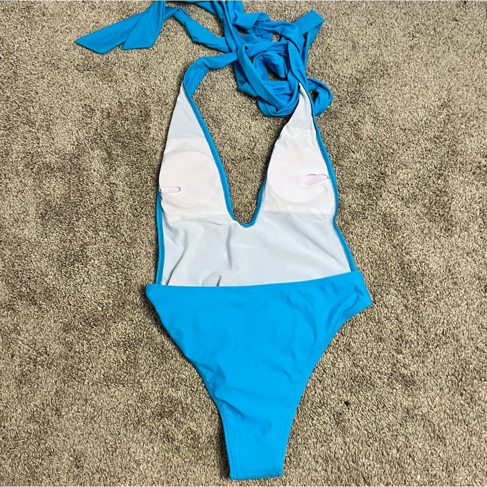 Bright Blue Sexy Halter Low Cut Cheeky Open Back One Piece Swimsuit NWOT - Picture 2 of 7